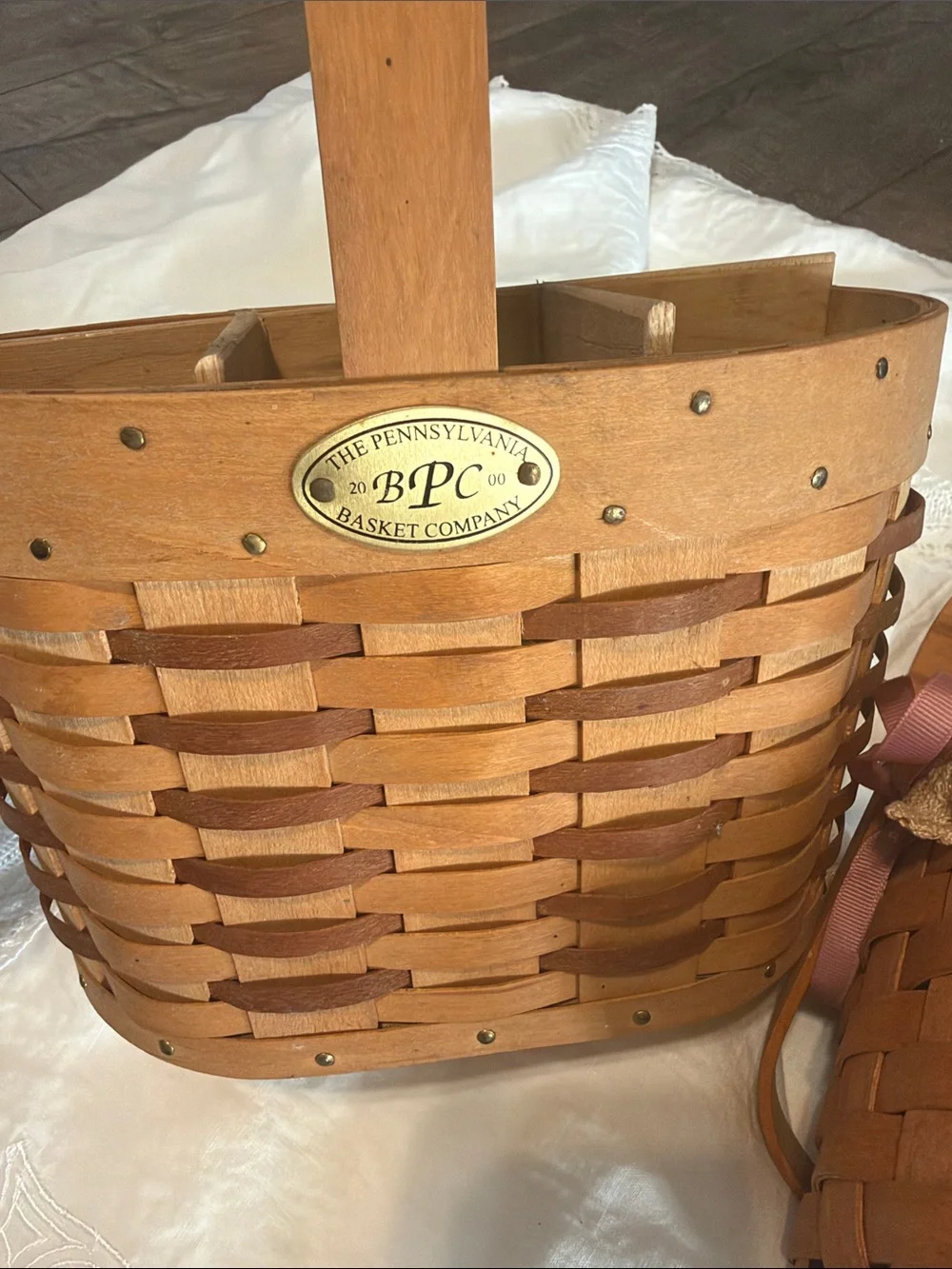 Longaberger Brown Woven Basket with Floral Navy and Cream Trim